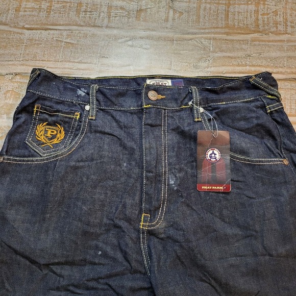 NWT Phat Farm Jeans Mens 34x33 Baggy Wide Leg Embroidered Logo Relaxed Hip Hop